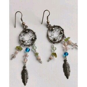 Native American 3" Sterling Silver Dream Catcher Bead Dangle Earrings Unmarked